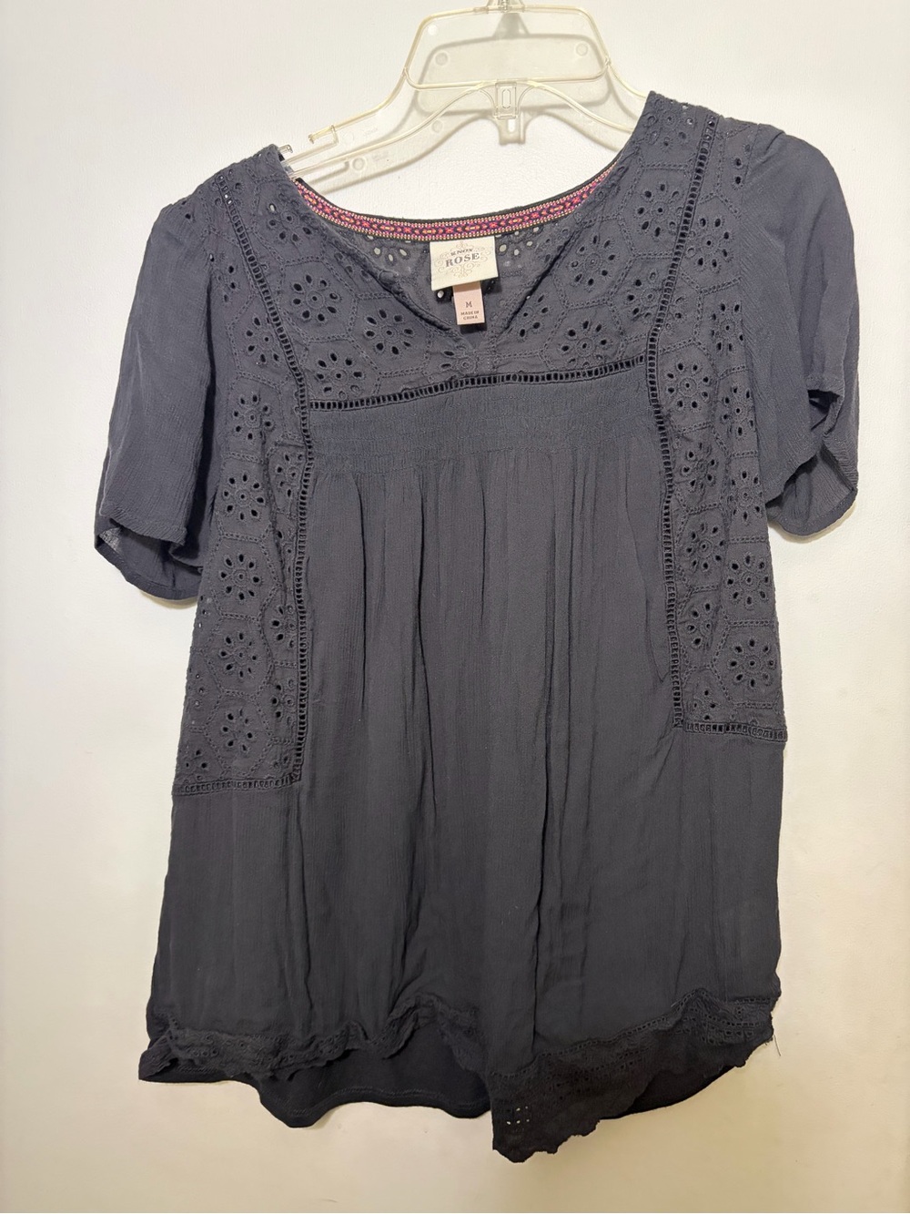Knox rose women’s black lace, trim, blouse, short sleeve, medium